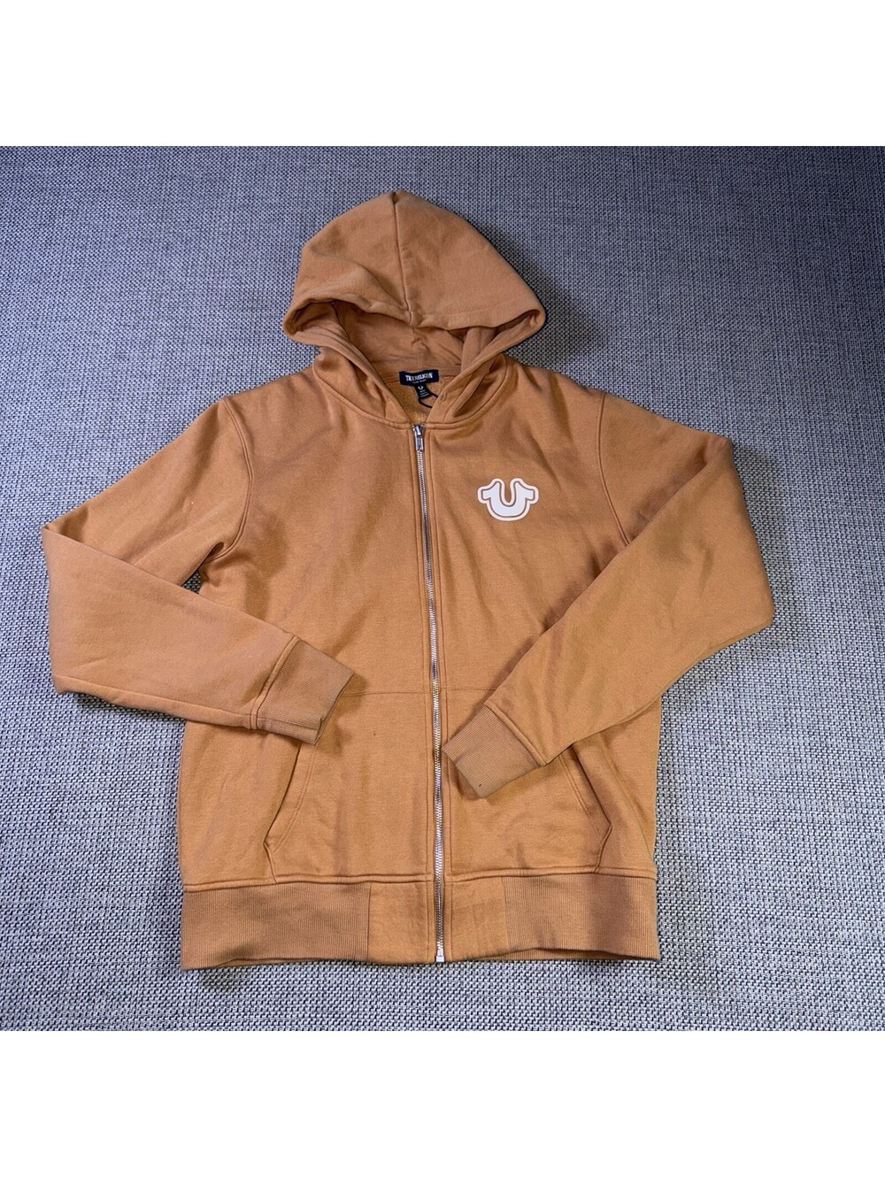 True Religion Full Zip Hoodie Men’s Medium Orange Buddha Logo Graphic Sweatsh